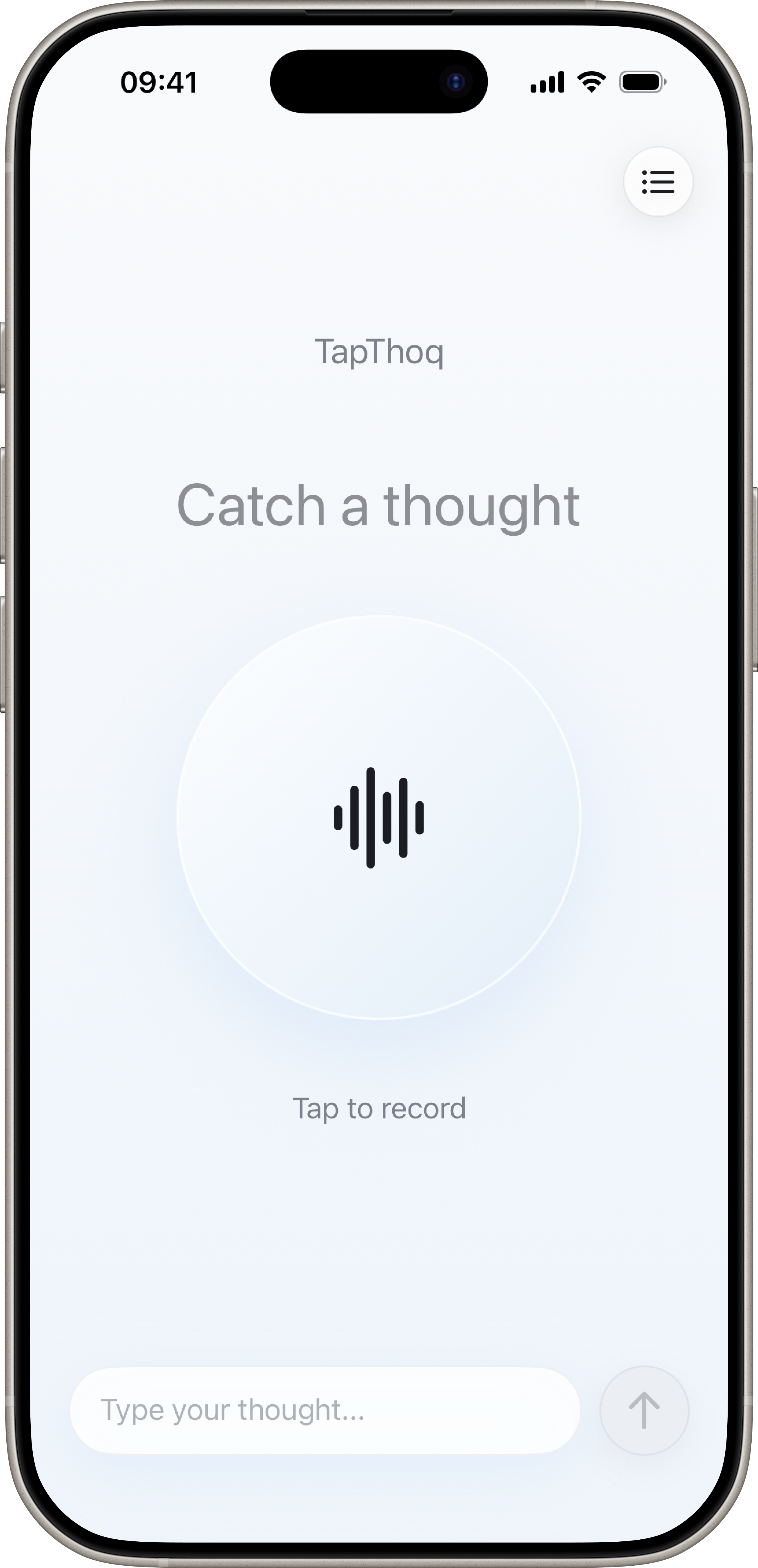 TapThoq iPhone home screen showing the capture button and text composer